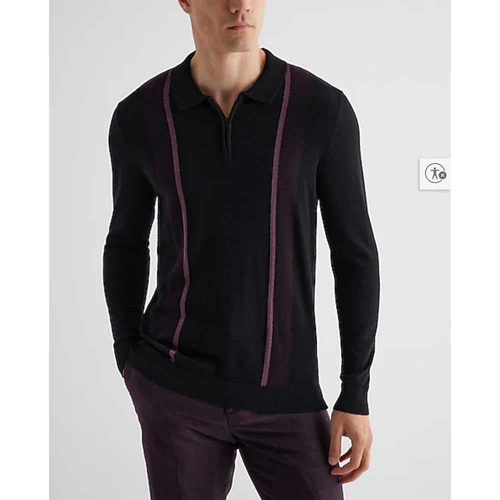 Express 100% Merino Wool Quarter Zip Polo Sweater Black Purple Stripe Medium‎
